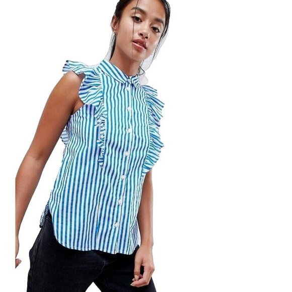 Noisy May Blouse Womens L Blue White Stripe Ruffle Coastal Romantic Sleeveless - Picture 1 of 7